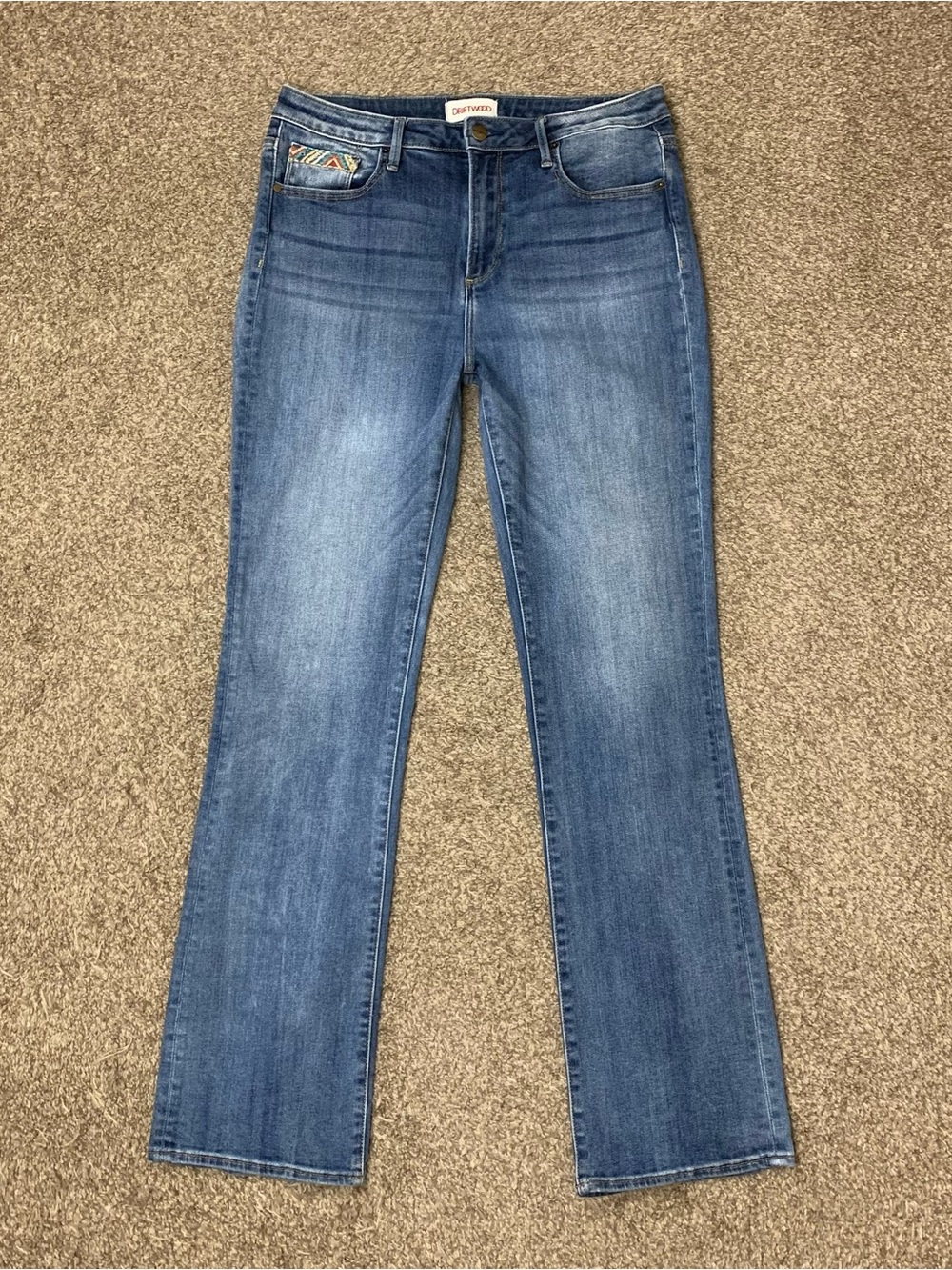 Driftwood Kelly Jeans Womens 31 Mid Rise Boot Cut Embroidered Aztec Trim Stretch